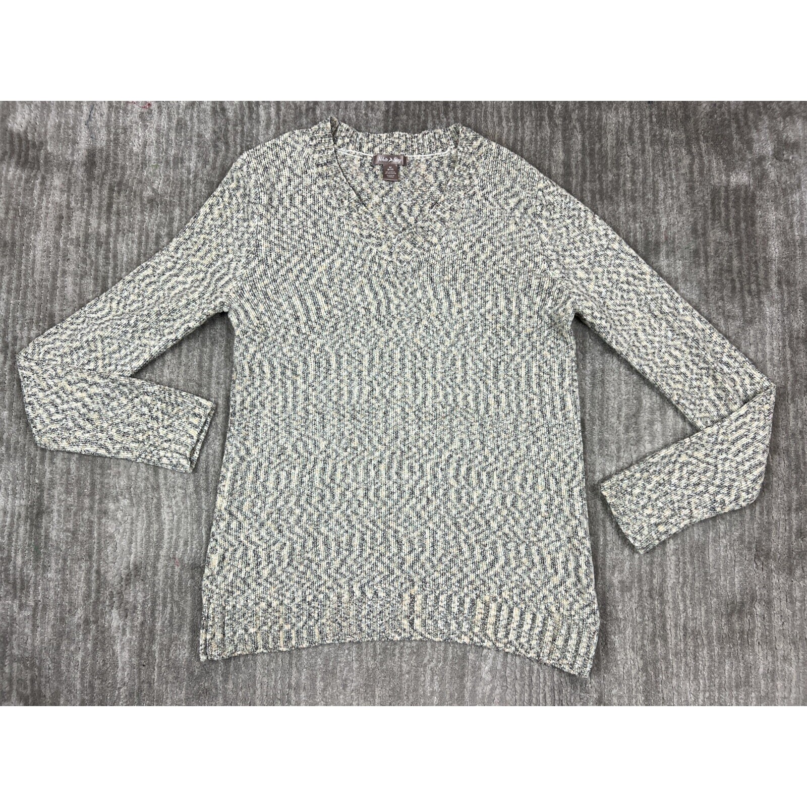 White Stag Sweater Womens M Grey Cream Marled V-Neck Long Sleeve Knit Pullover